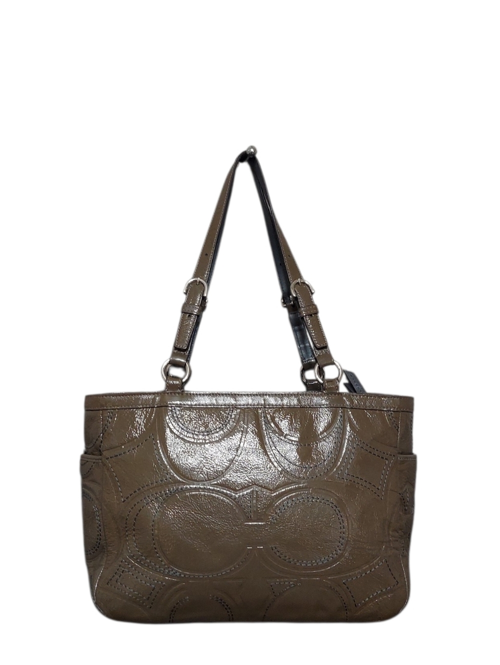 Coach Patent Leather Gallery Shoulder Tote Bag Olive Green With Chrome Hardware - Picture 2 of 4